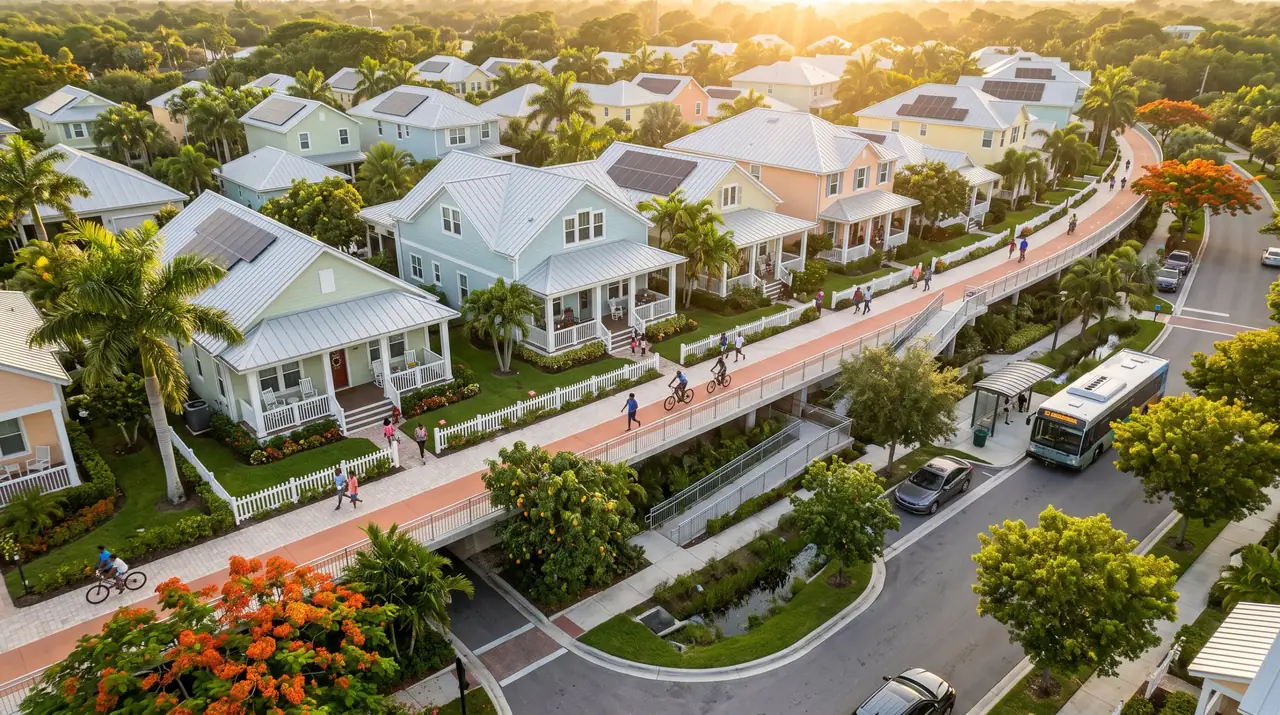 Aerial view of the neighborhood at sunset: homes with porches, a raised path and a curving street with a bus