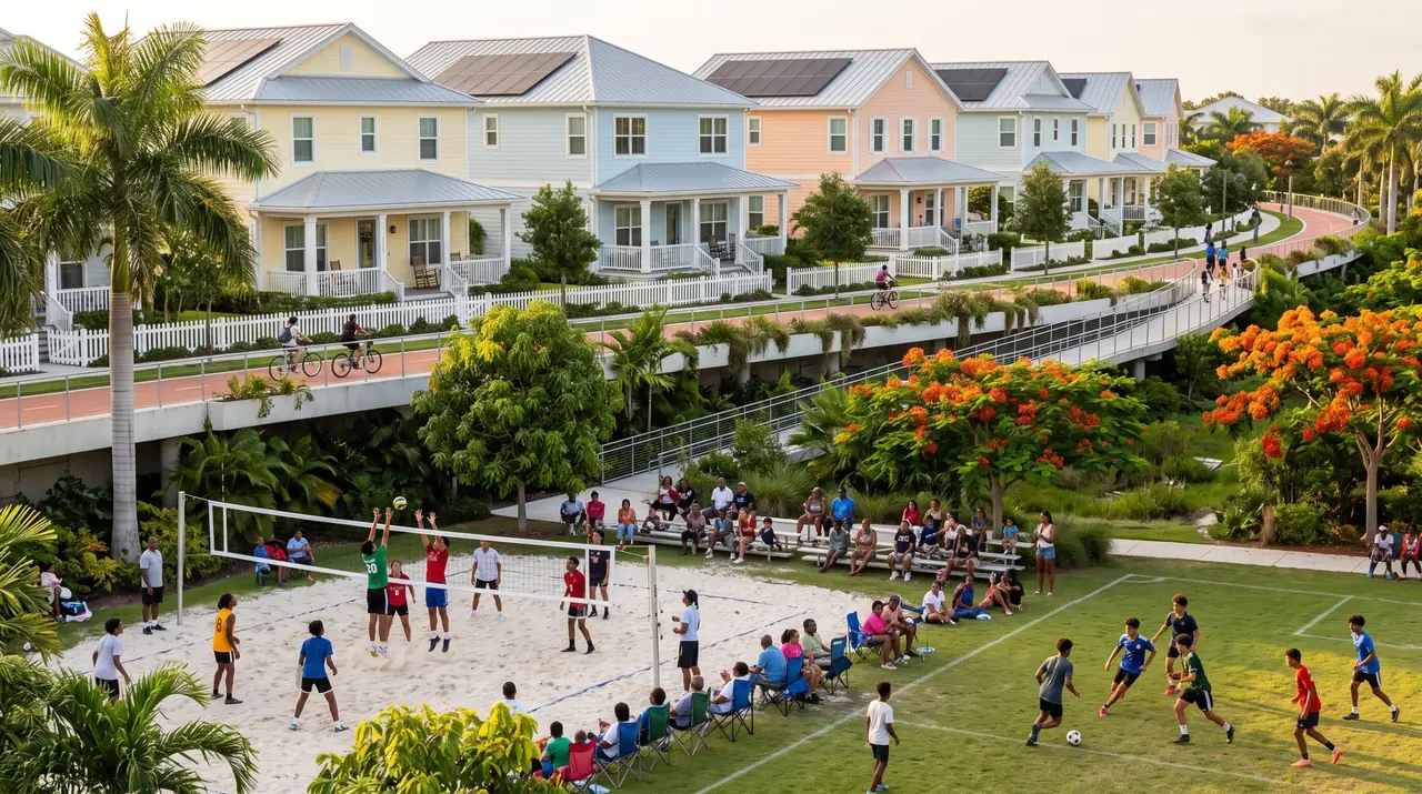 Young people playing volleyball and football at the sports complex while families watch