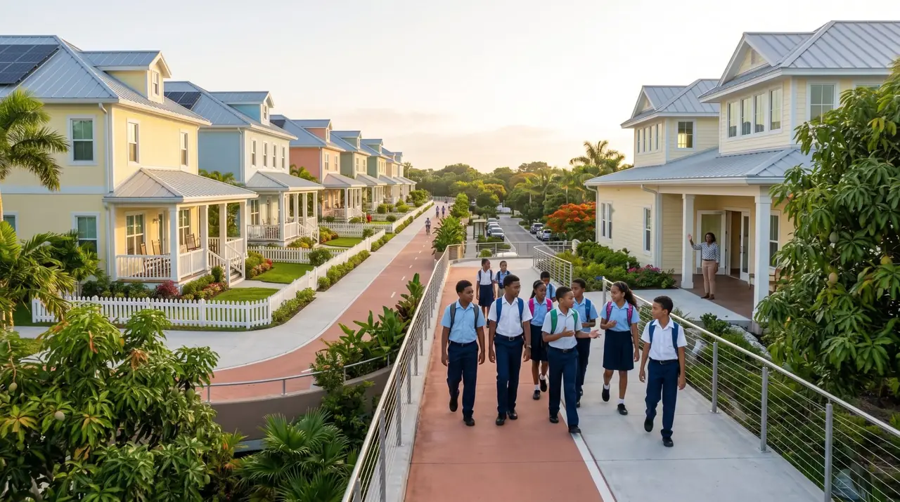 Children in school uniforms walking together along the raised path to their school