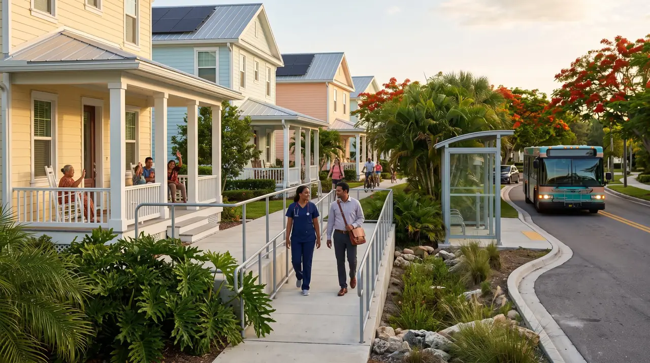 A nurse and a teacher walk to the bus stop while neighbors wave from their porches